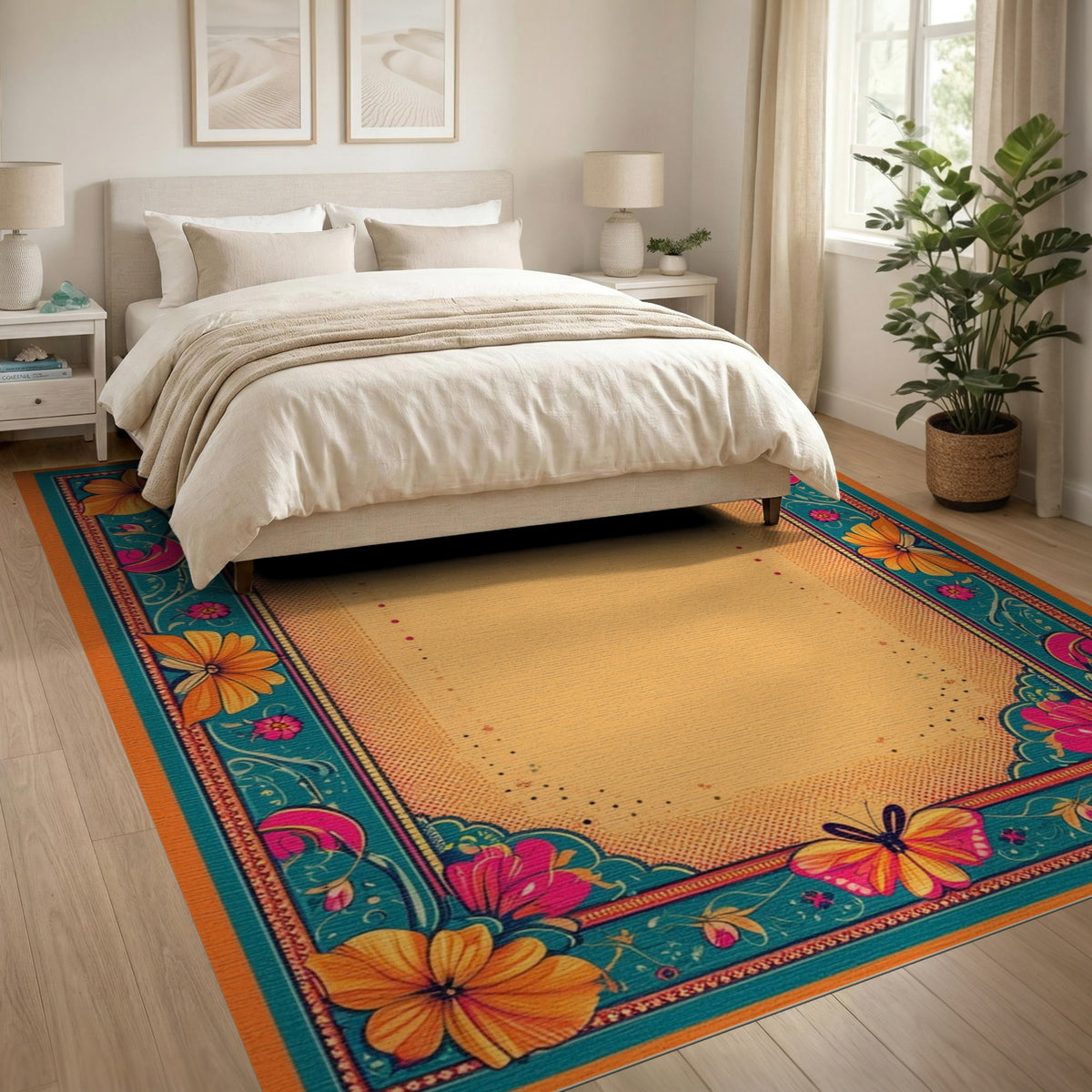 Vibrant Floral Butterfly Teal Border Area Rug