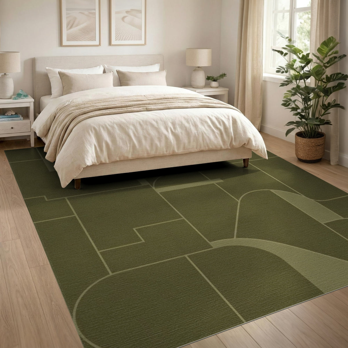Green Olive Green Geometric Area Rug