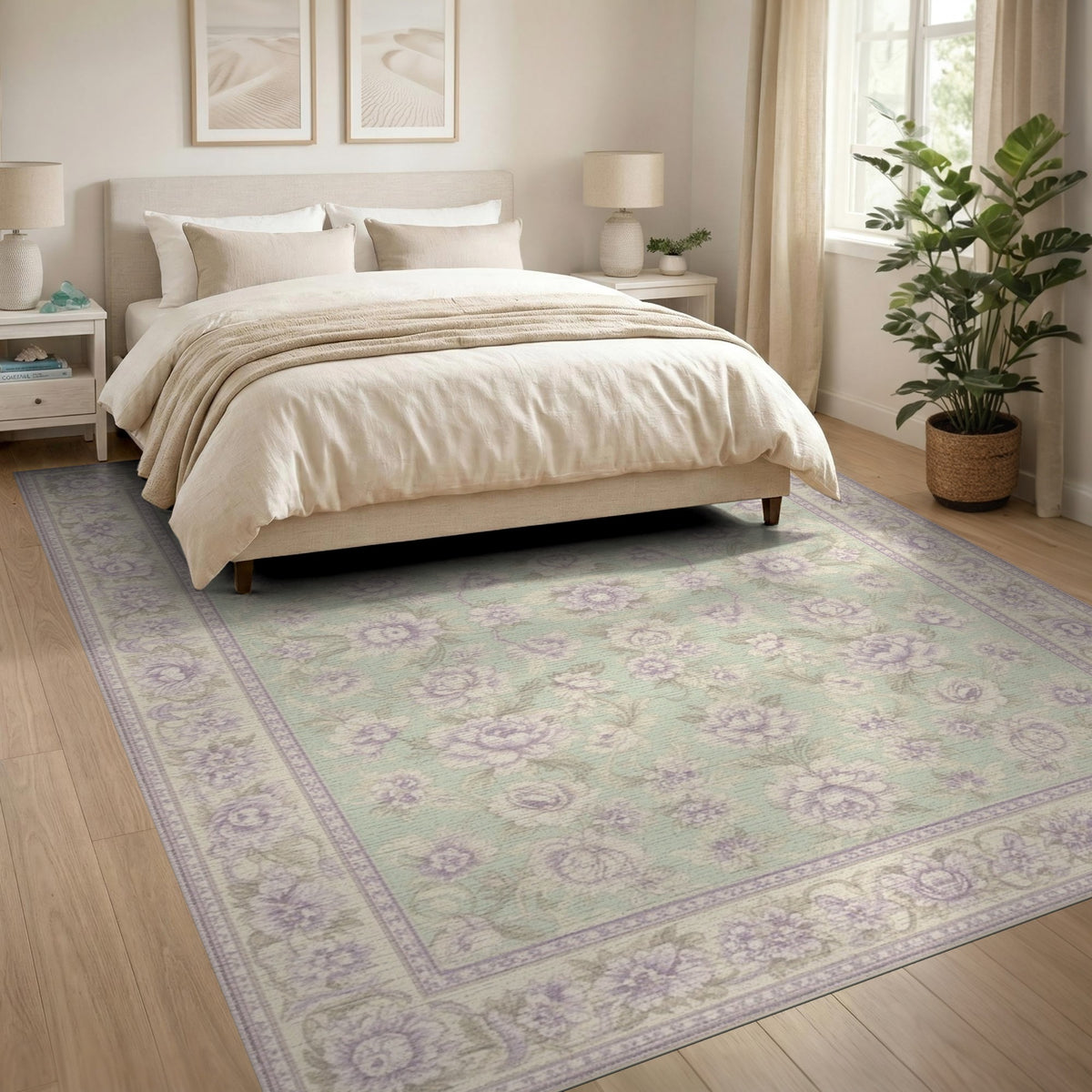 Purple Floral Vintage Washable Purple Area Rug