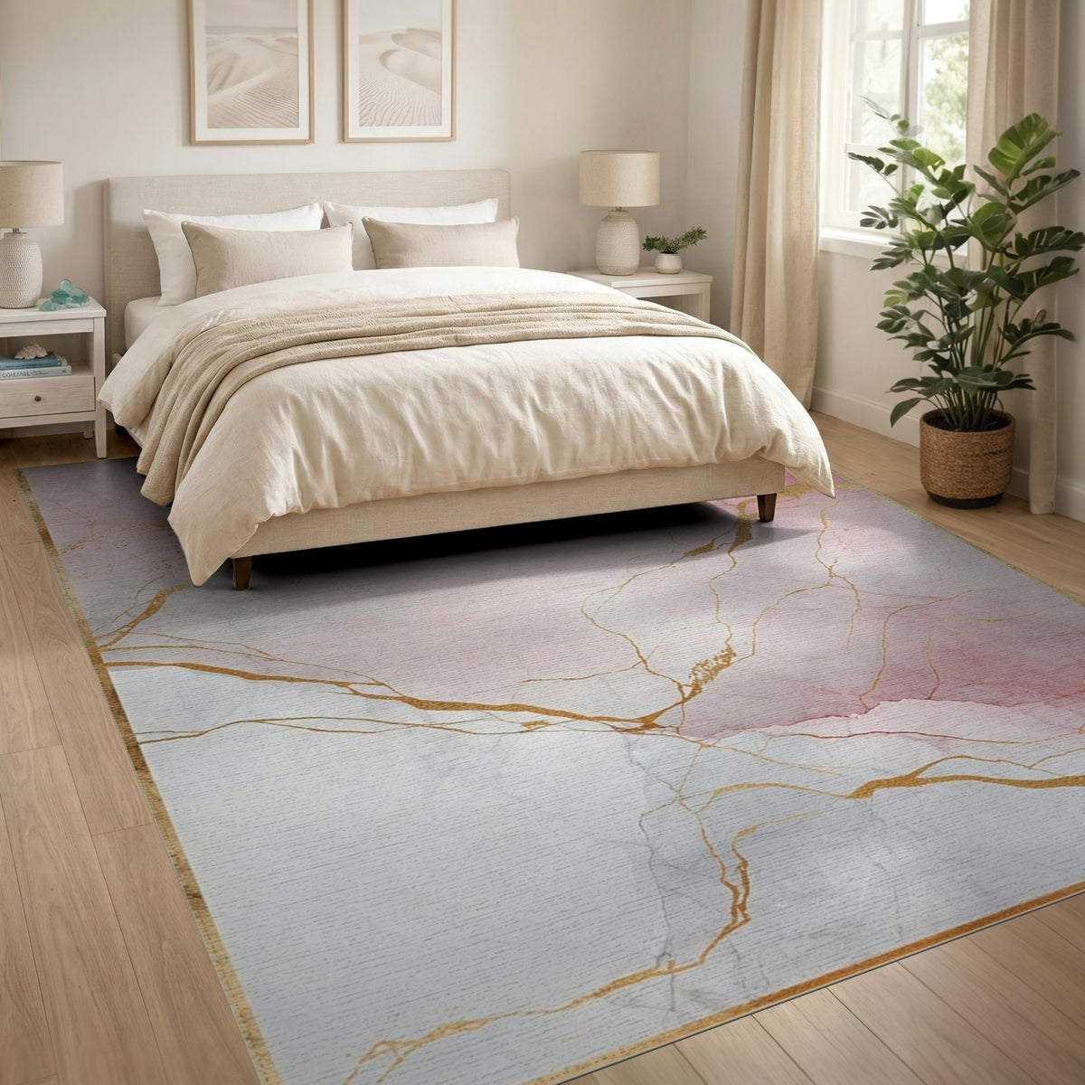 Abstract Area Pink Marble Gold Vein Abstract Area Rug