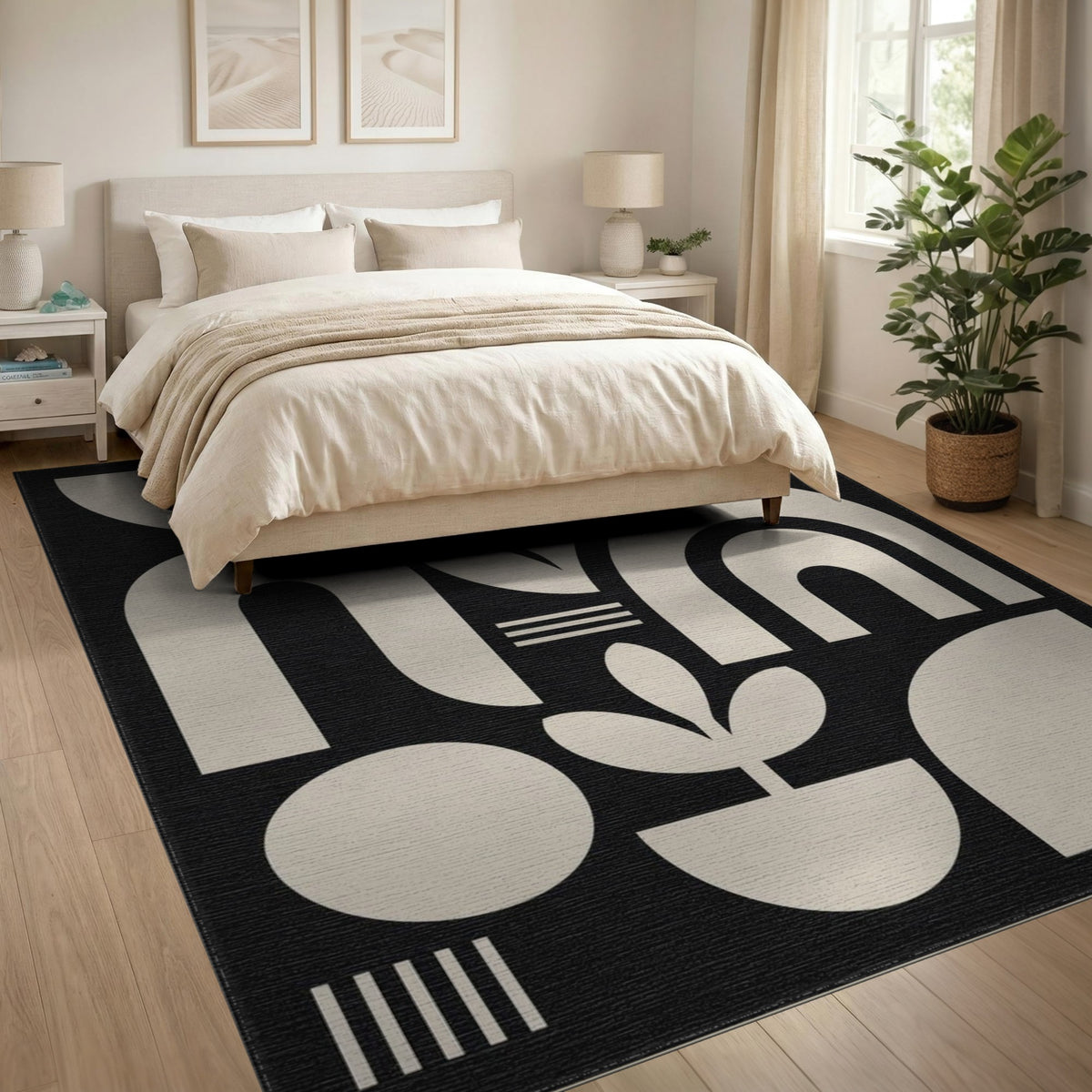 Black White Geometric Botanical Area Rug