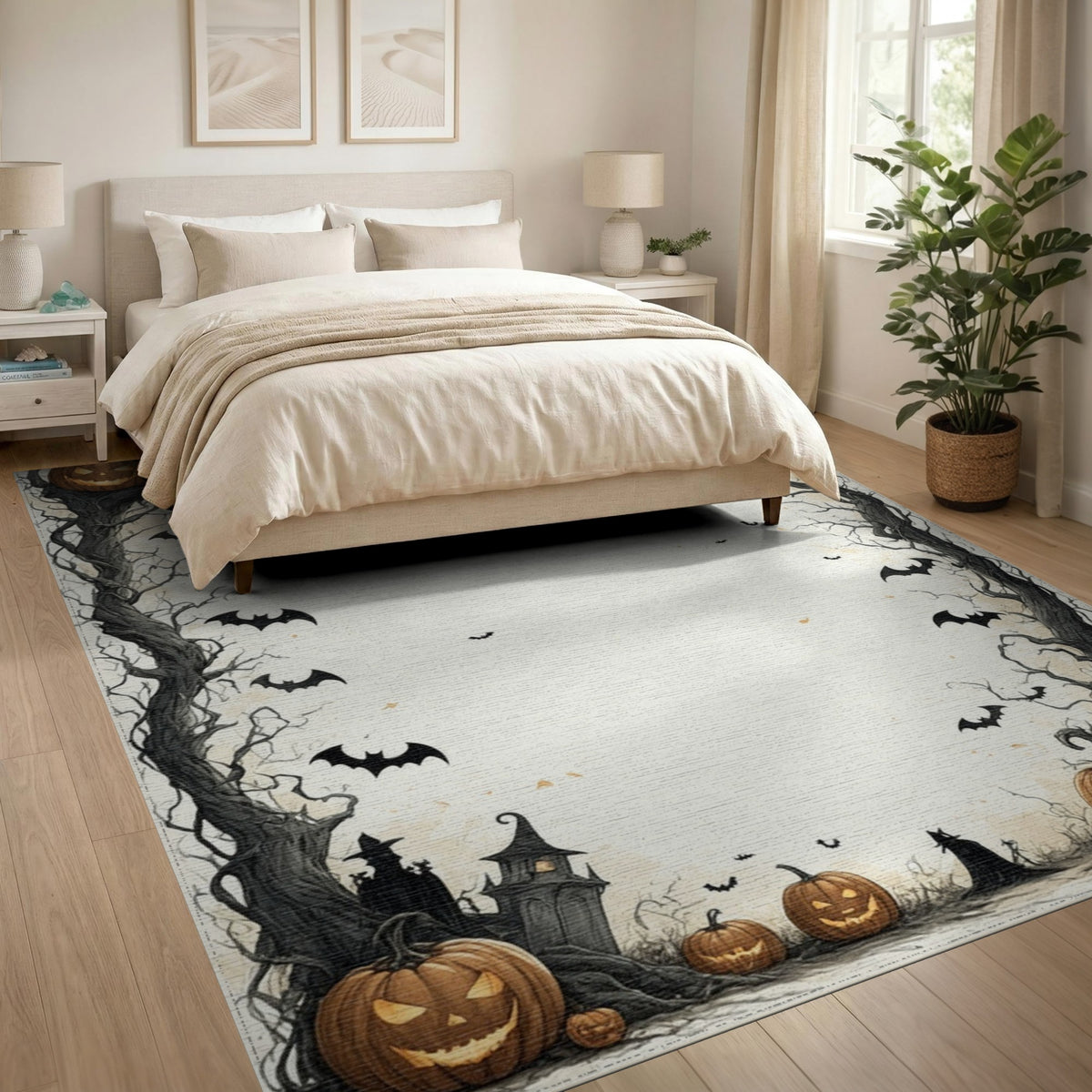 Spooky Halloween Pumpkin Bat Border Area Rug