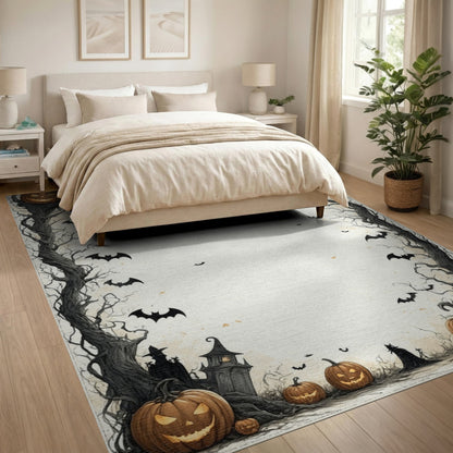 Spooky Halloween Pumpkin Bat Border Area Rug