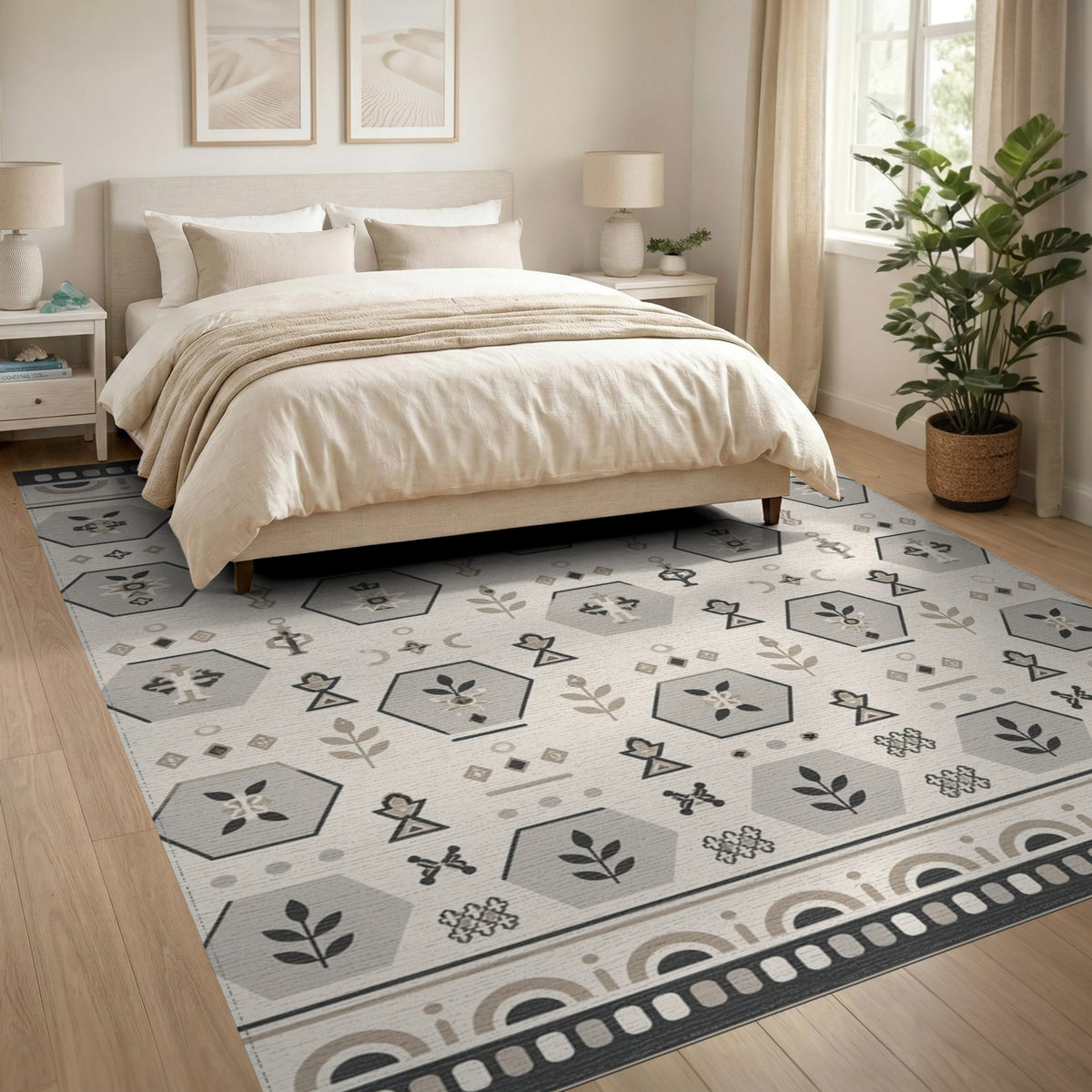 Beige Geometric Hexagon Washable Area Rug