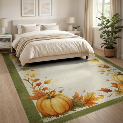 Brown and Tan Autumn Pumpkin Harvest Border Area Rug