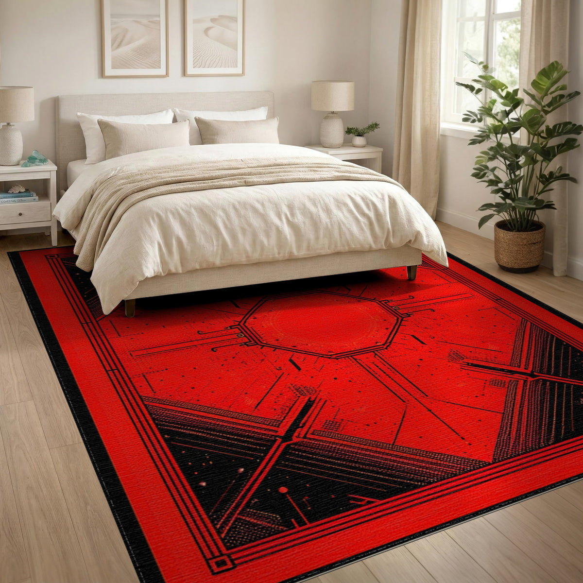 Red Geometric Octagon Area Rug