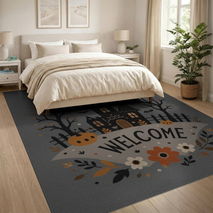 Halloween Haunted House Welcome Grey Rug