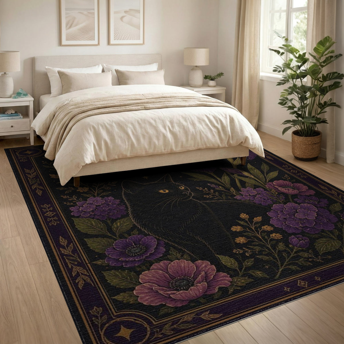Mystical Black Cat Purple Floral Moon Area Rug