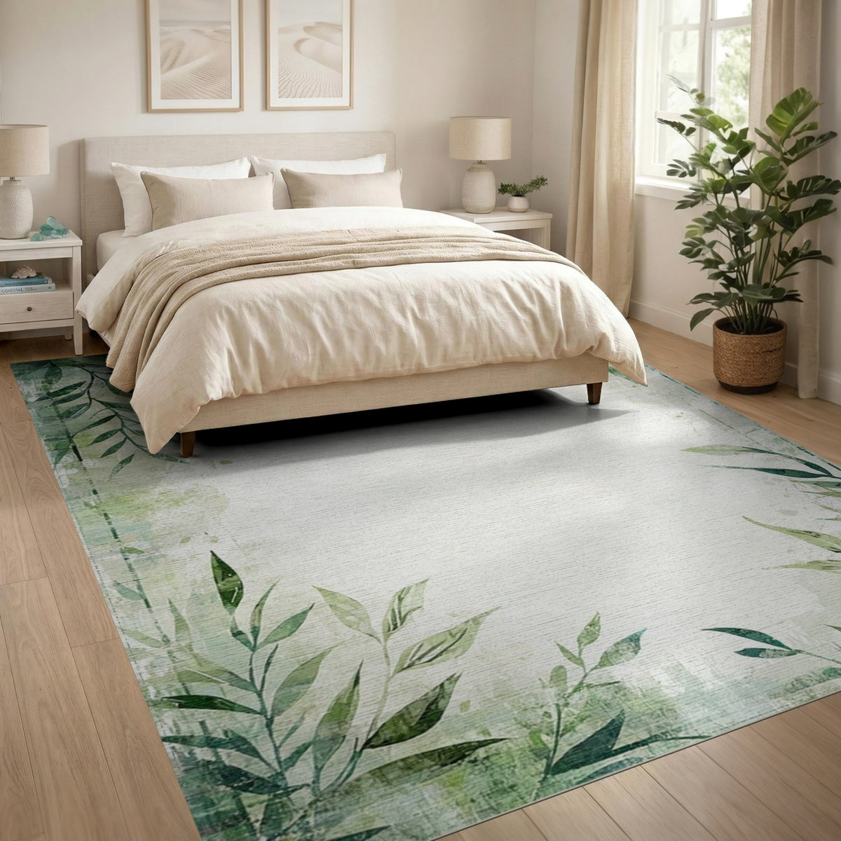 Green Botanical Leaves Distressed Area Rug