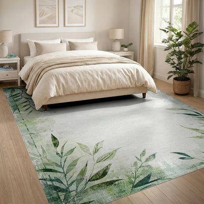 Green Botanical Leaves Distressed Area Rug