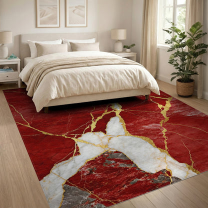 Red Marble Gold Vein Area Rug