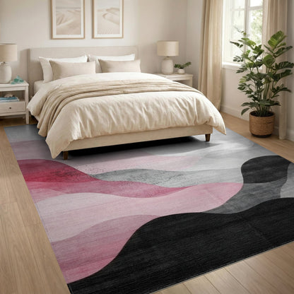Abstract Pink Black Wave Area Rug