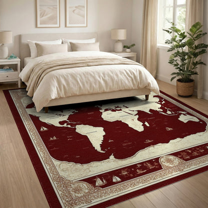 Vintage Red World Map Area Rug