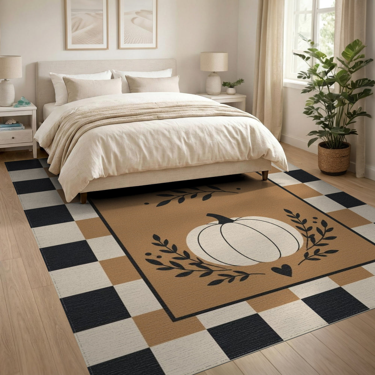 Pumpkin Welcome Checkered Brown Area Rug