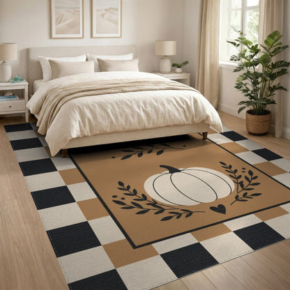 Pumpkin Welcome Checkered Brown Area Rug