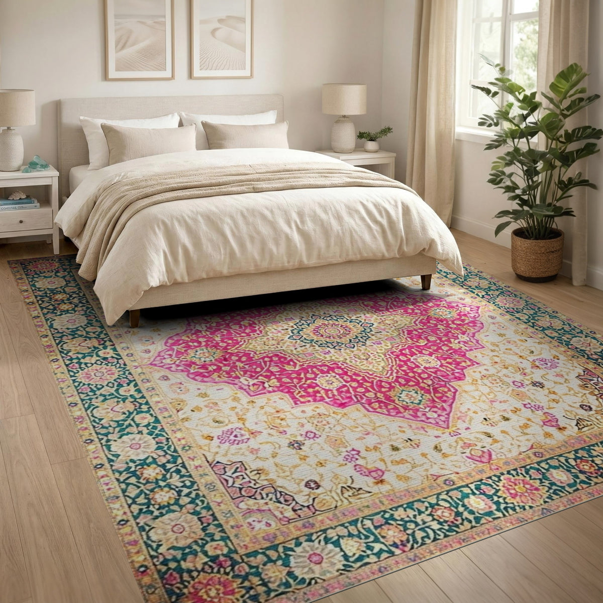 Medallion Traditional Persian Vibrant Pink Persian Medallion Area Rug