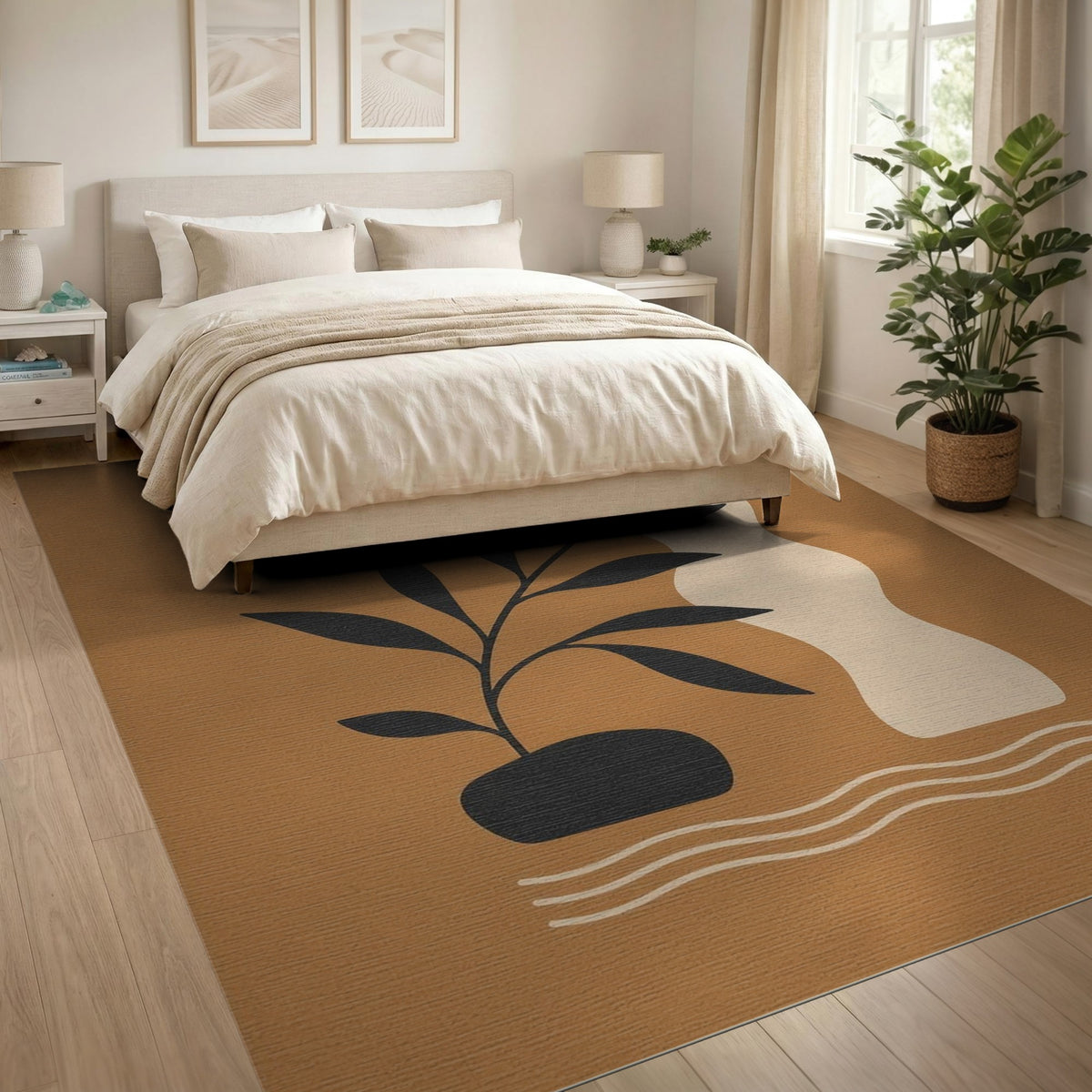 Abstract Plant Vase Area Rug in Brown Tan