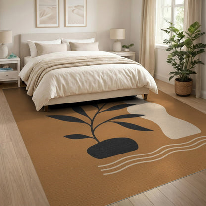 Abstract Plant Vase Area Rug in Brown Tan