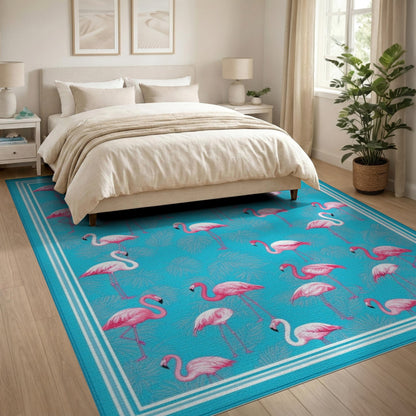 Pink Flamingo Blue Coastal Area Rug