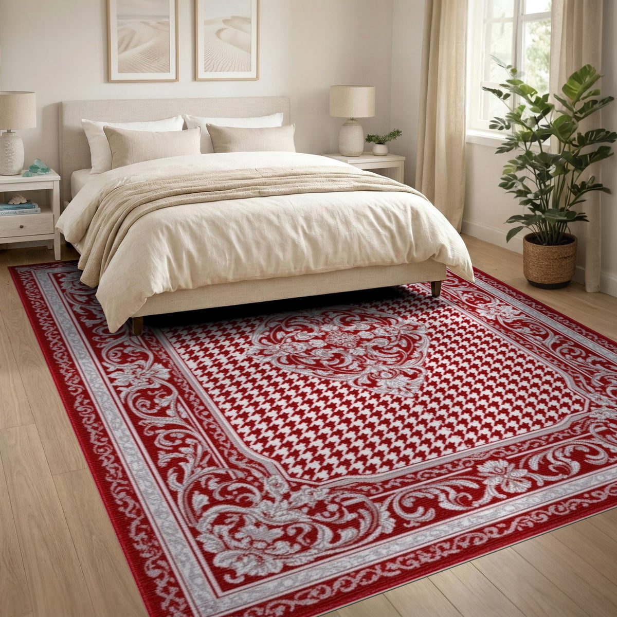 Red Persian Medallion Area Rug with Floral Border