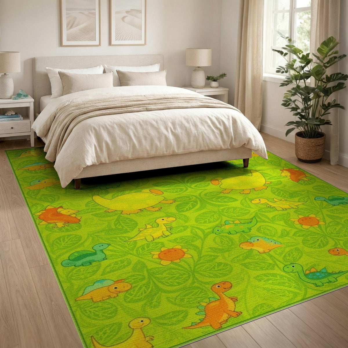 Green Dinosaur Kids Cartoon Washable Area Rug
