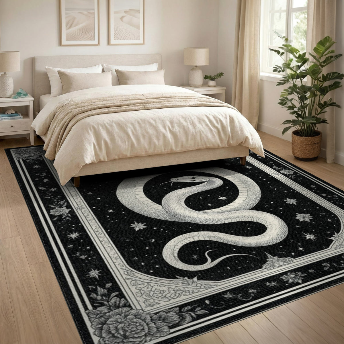 Celestial Snake Black White Area Rug