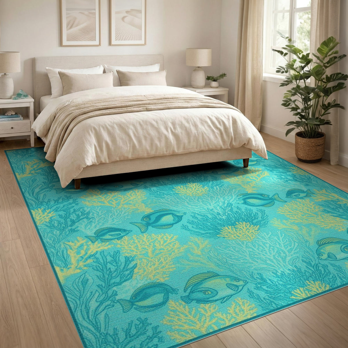 Blue Teal Fish Coral Coastal Beach Area Rug