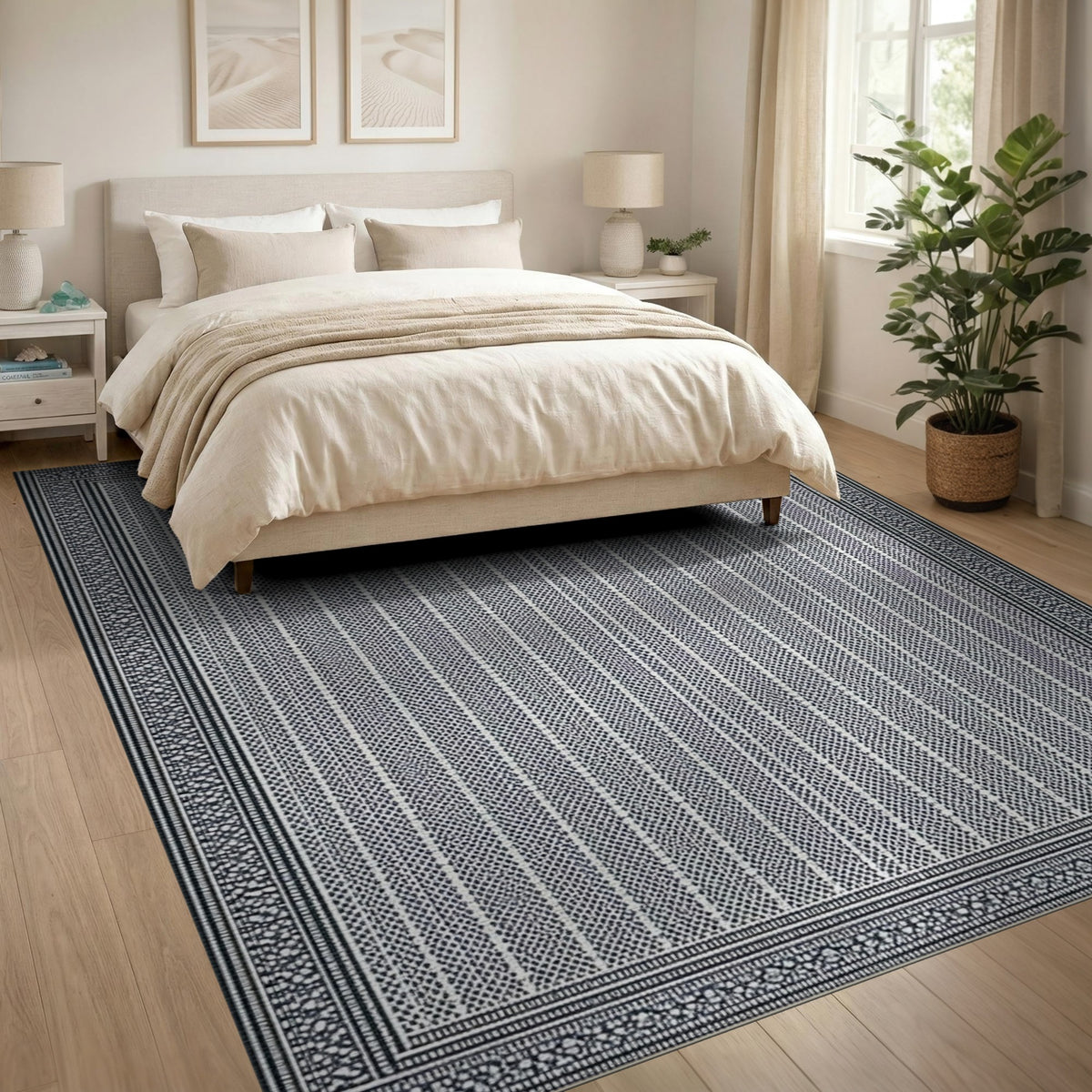 Black White Geometric Striped Area Rug