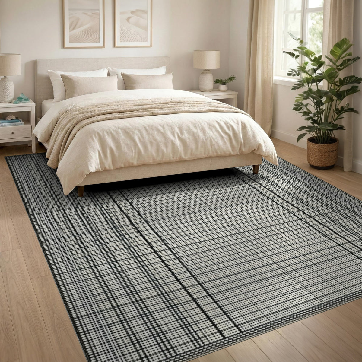 Black White Grid Checkered Washable Area Rug