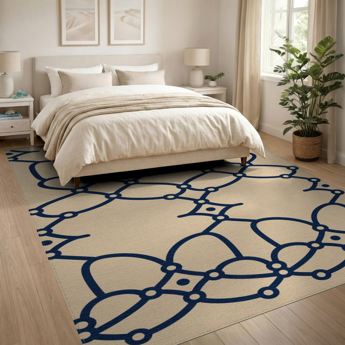 Navy Geometric Lattice Beige Area Rug