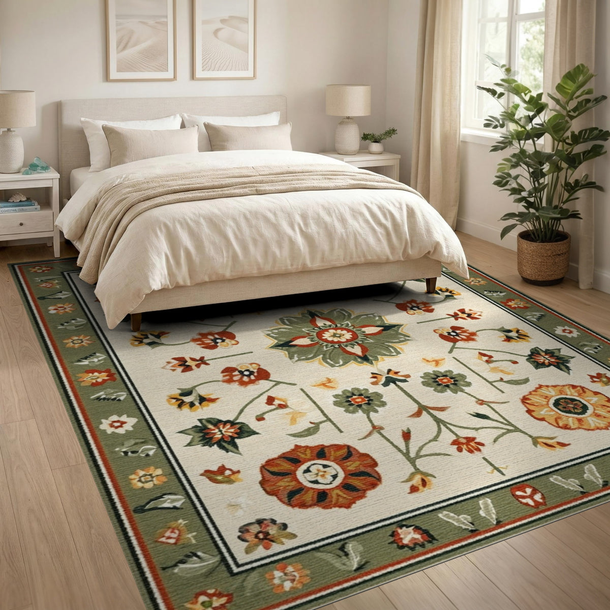 Green Sage Green Vintage Floral Area Rug