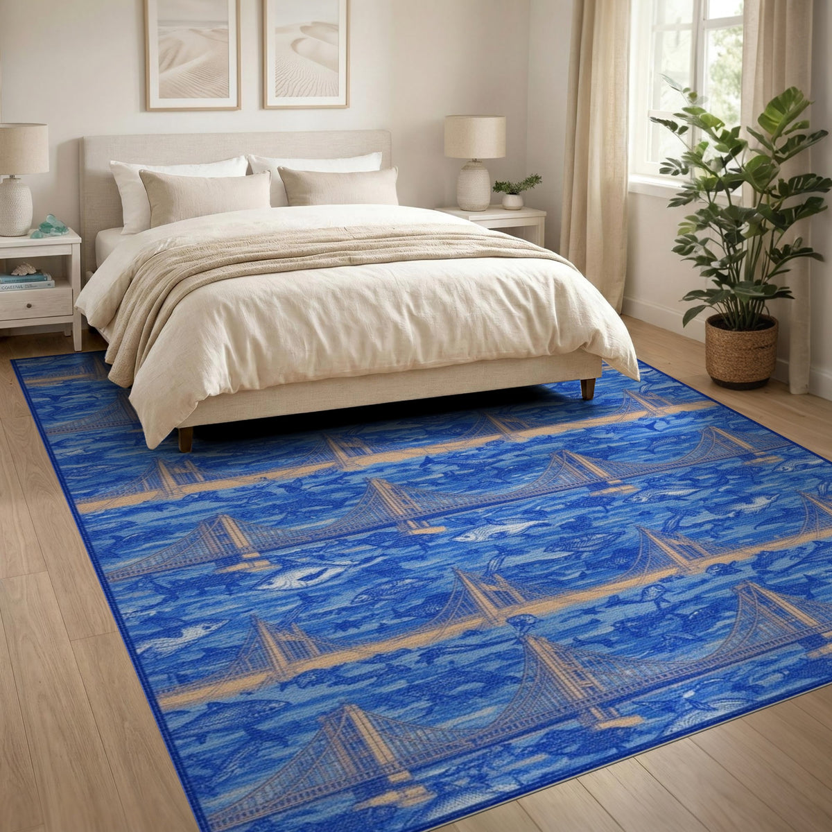 Blue Coastal Bridge Ocean Life Area Rug