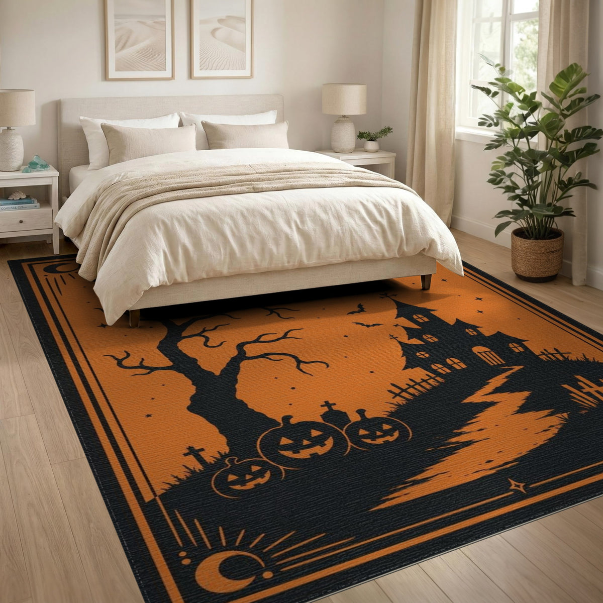 Orange Haunted House Halloween Orange Area Rug