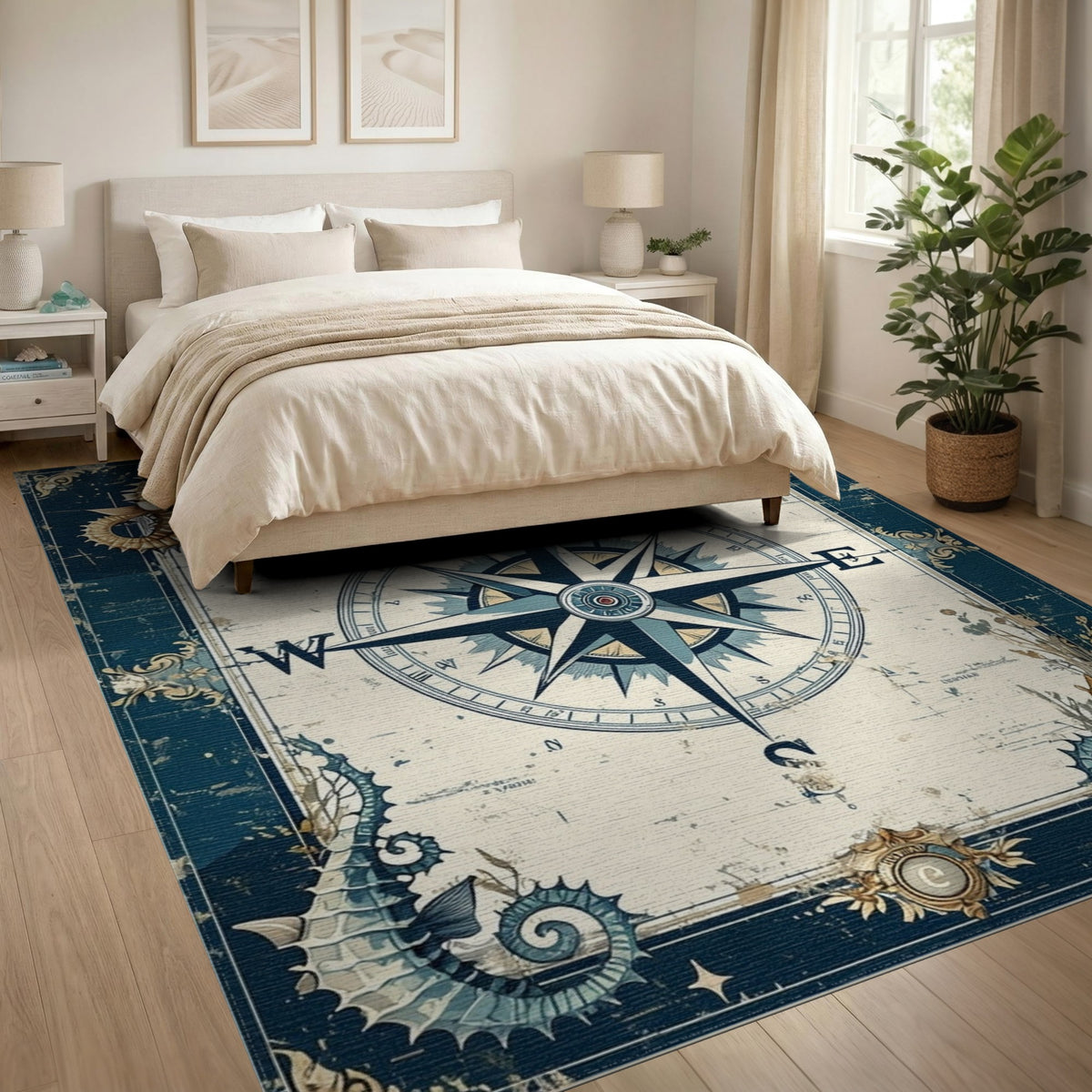 Vintage Compass Seahorse Blue Area Rug