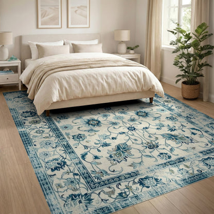 Distressed Blue Floral Vintage Area Rug