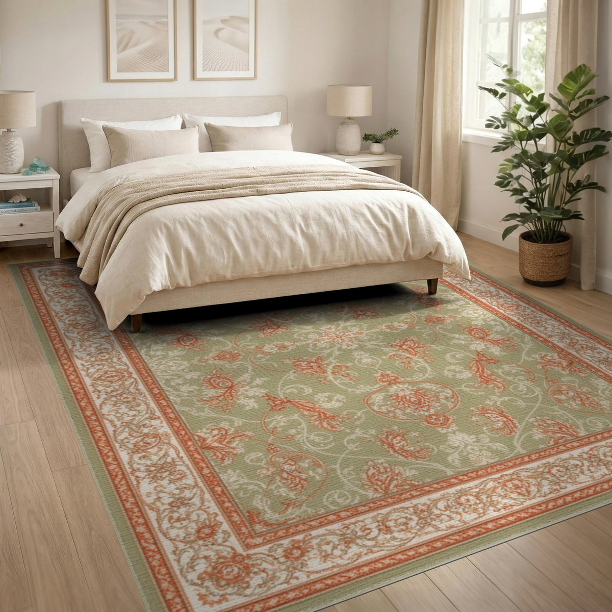 Green Floral Vintage Area Rug