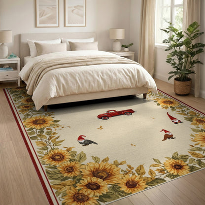 Sunflower Gnome Red Truck Beige Area Rug