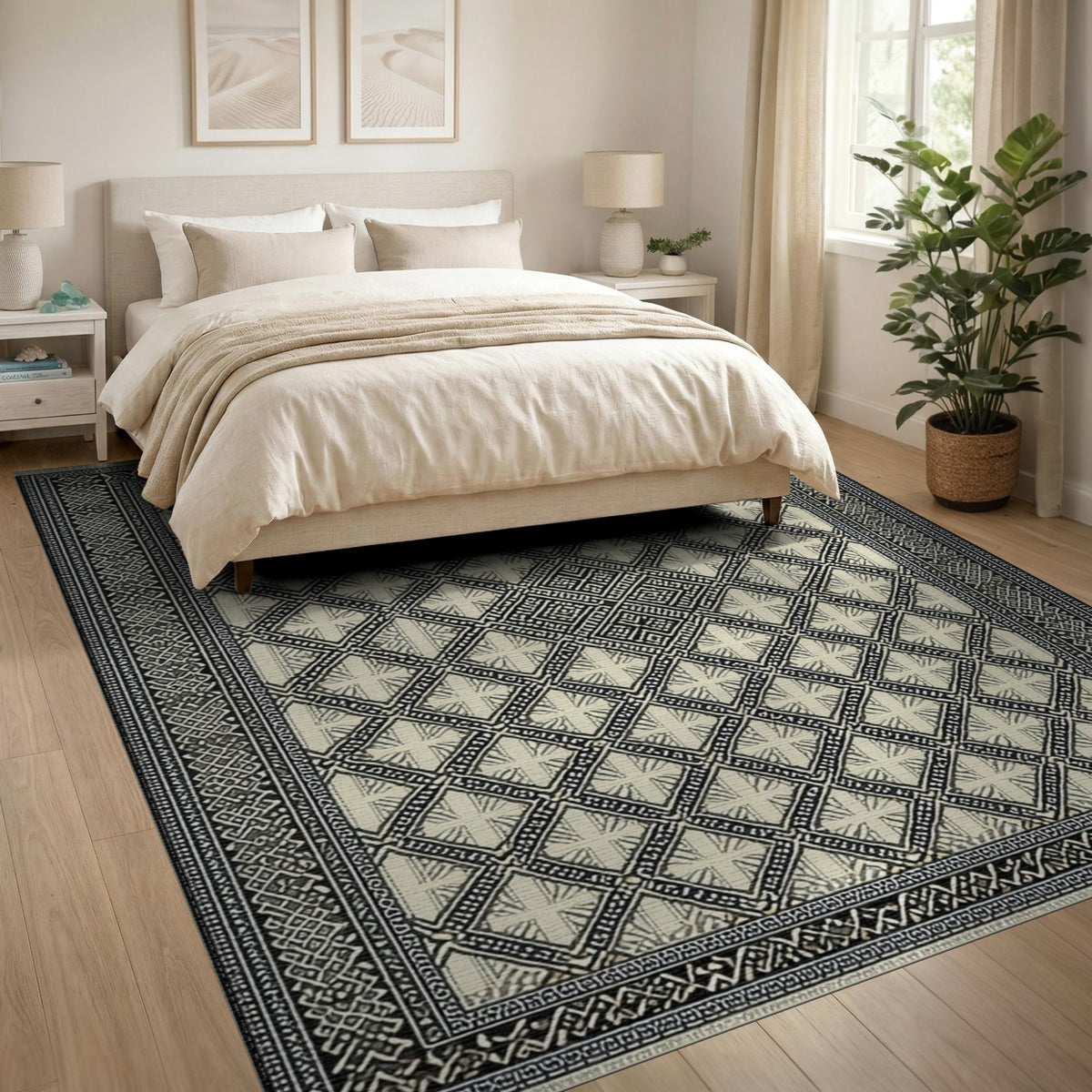 Black White Geometric Lattice No. 7 Area Rug