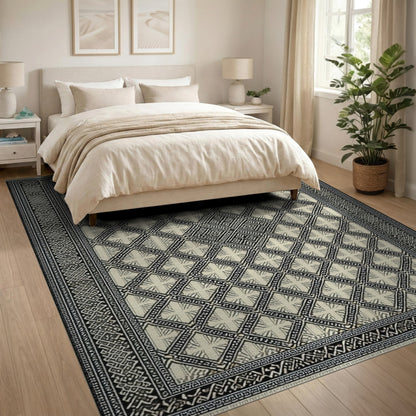 Black White Geometric Lattice No. 7 Area Rug