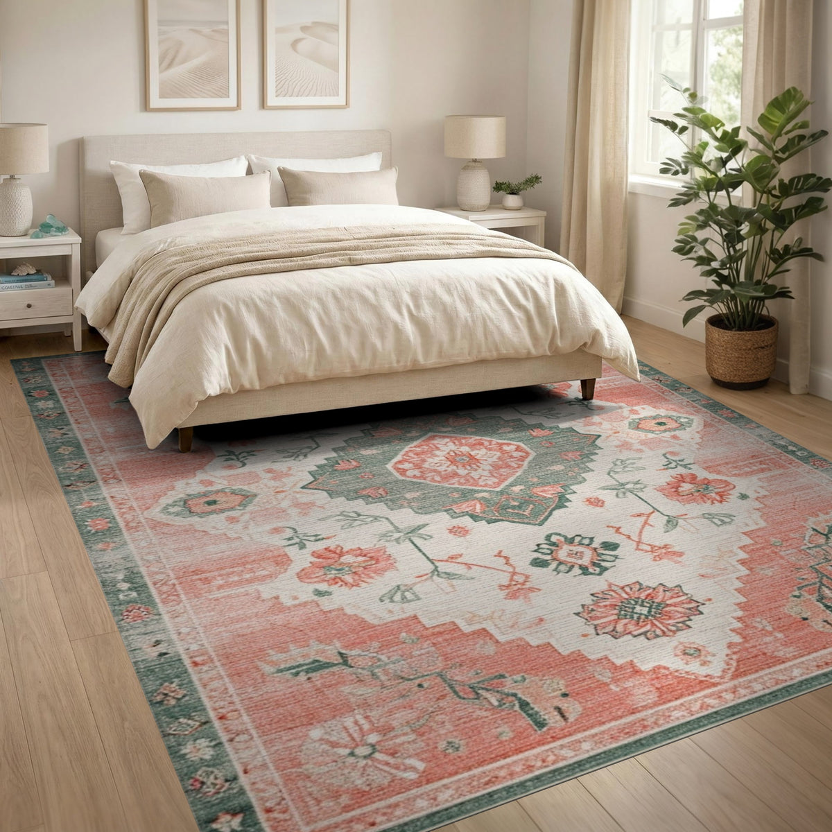 Coral Teal Floral Medallion Area Rug