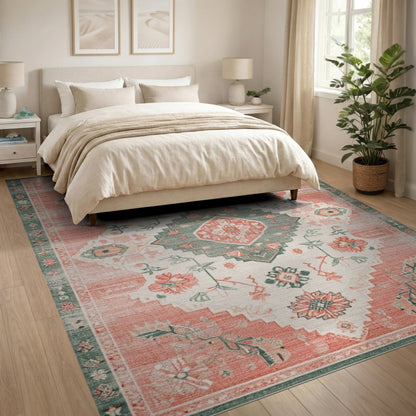 Coral Teal Floral Medallion Area Rug
