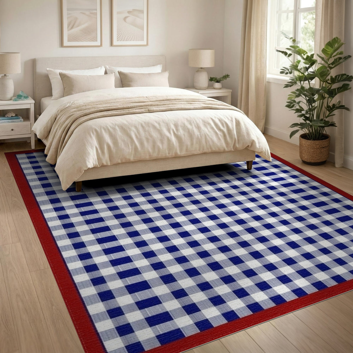 Navy Blue Checkered Rug with Red Border