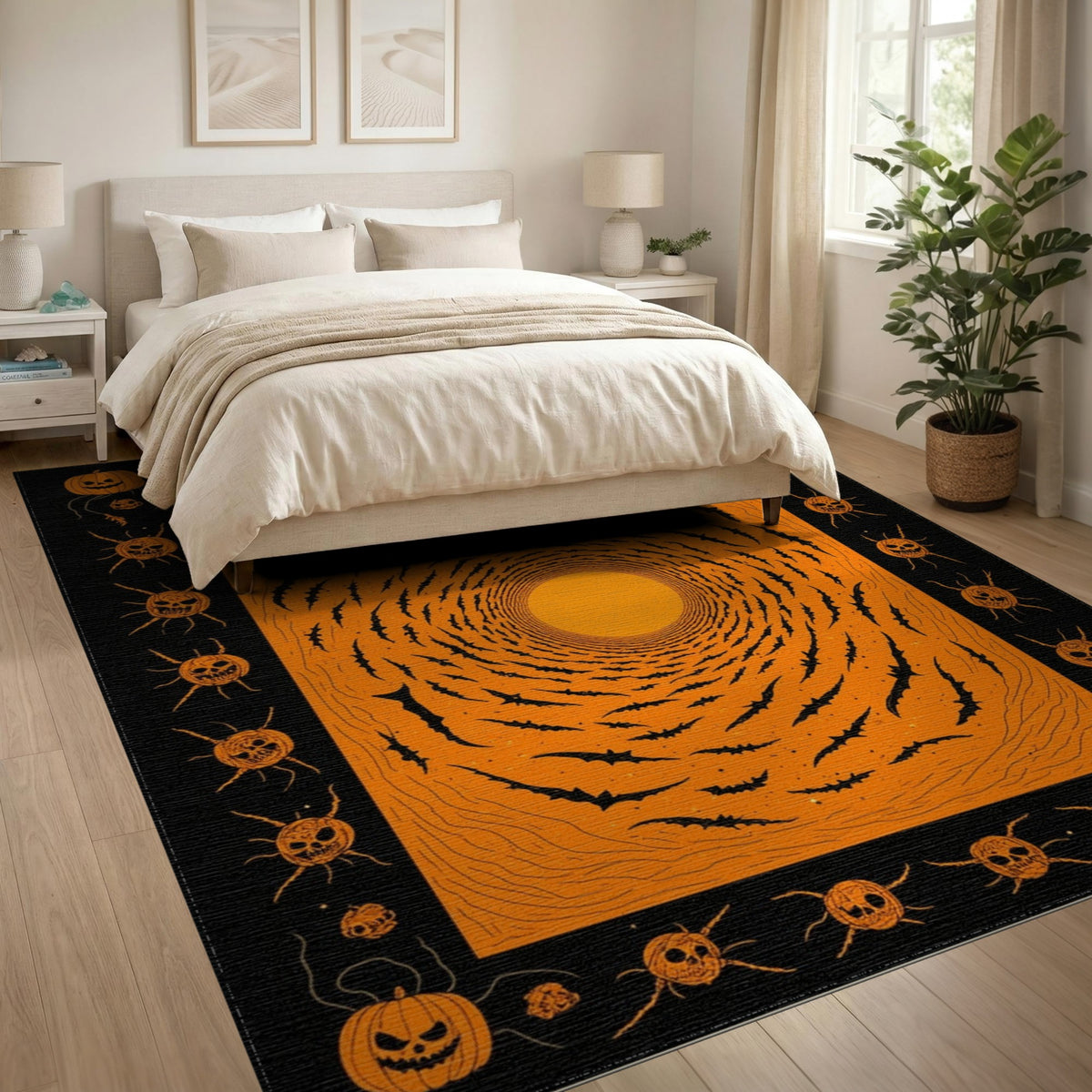 Spiral Bat Vortex Orange Halloween Area Rug