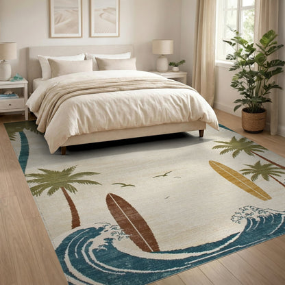 Coastal Beach Palm Tree Surfboard Beige Area Rug