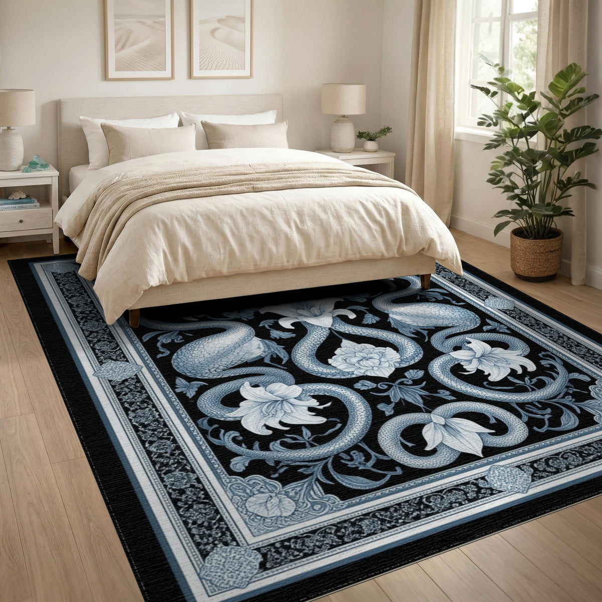 Blue and Teal Blue Serpent Floral Vintage Area Rug