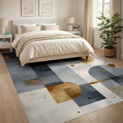 Geometric Blue Grey Gold Area Rug