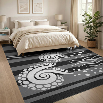 Black White Spiral Wave Area Rug