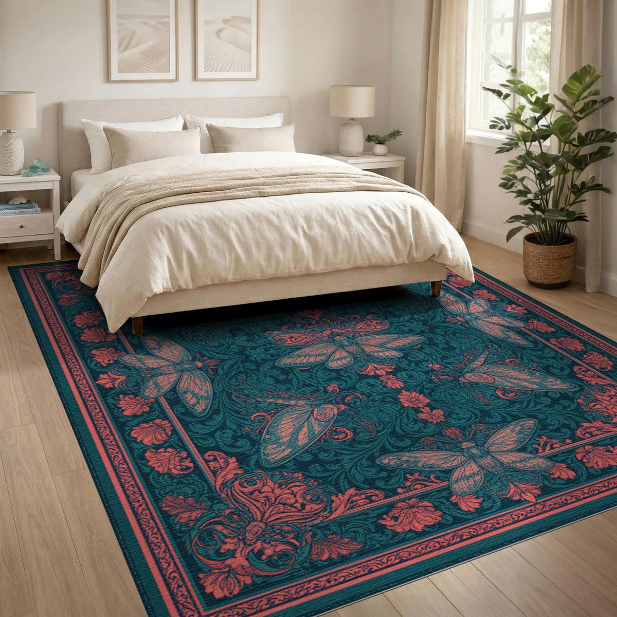 Teal Moth Floral Vintage Area Rug