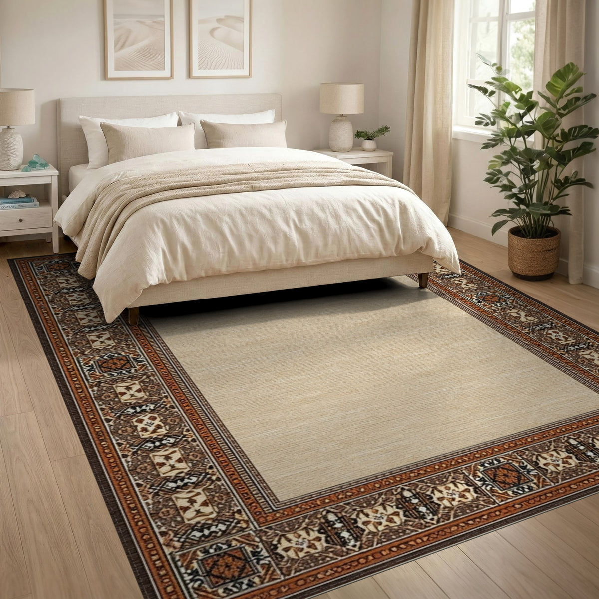 Beige Persian Bordered Area Rug