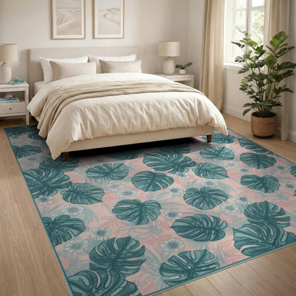 Pink Teal Monstera Washable Area Rug